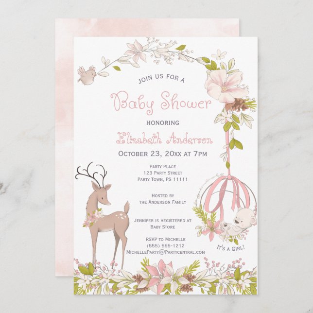 Convites Woodland Watercolor Floral Baby Girl Chá (Frente/Verso)