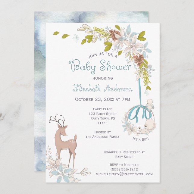 Convites Woodland Watercolor Floral Chá de fraldas Boy (Frente/Verso)