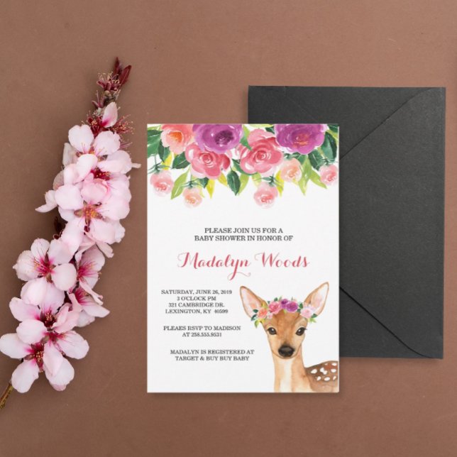 Convites Woodland Watercolor Floral Deer Chá de fraldas Inv (Criador carregado)