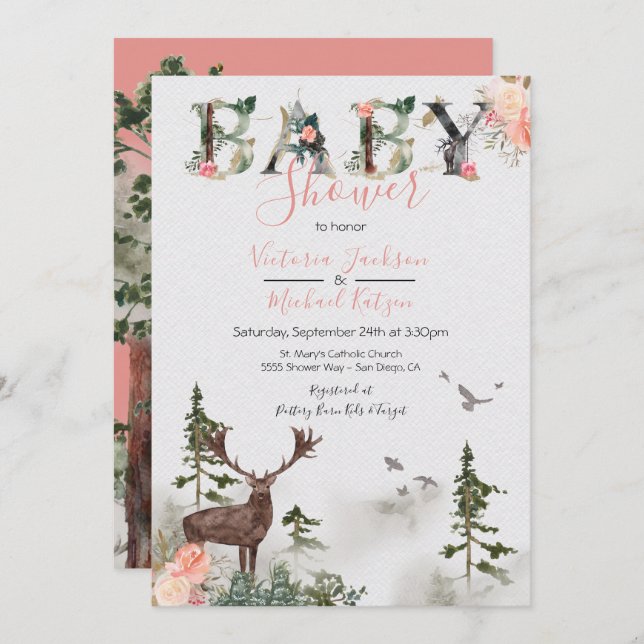 Convites Woodland Watercolor Forest Baby Girl Chá (Frente/Verso)