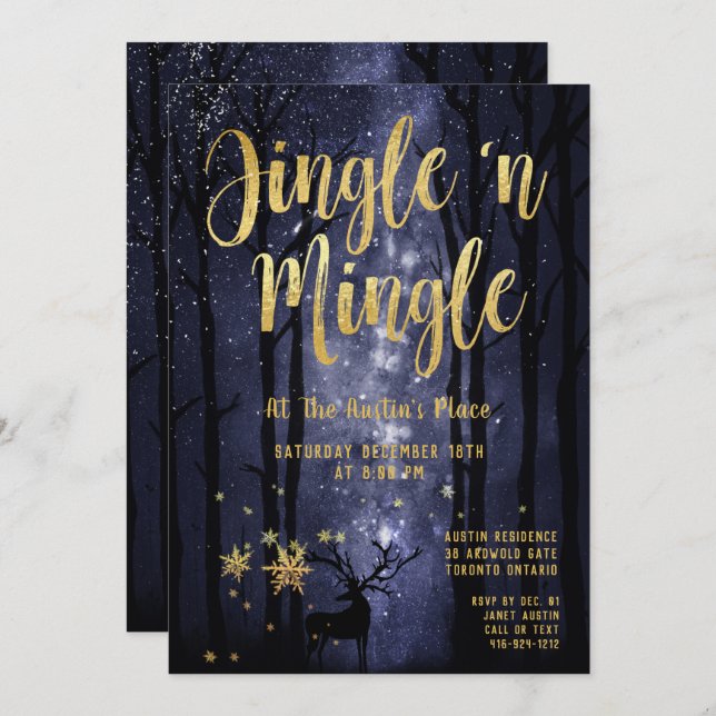 Convites Woodland Winter Jingle Mingle Dourado Holiday Part (Frente/Verso)