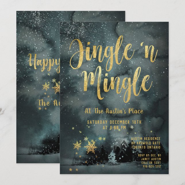 Convites Woodland Winter Jingle Mingle Dourado Holiday Part (Frente/Verso)