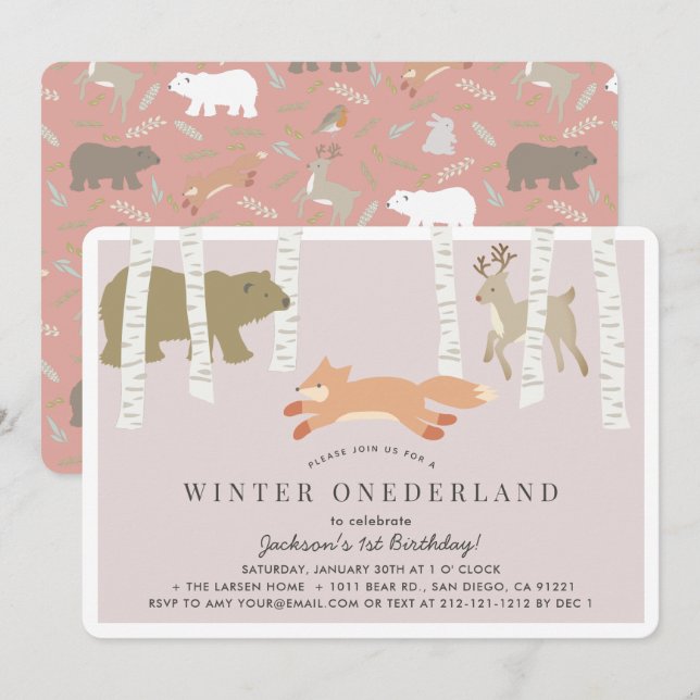 Convites Woodland Winter Onederland primeiro aniversario Ro (Frente/Verso)