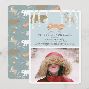 Convites Woodland Winter Wonderland Blue Photo Birthday