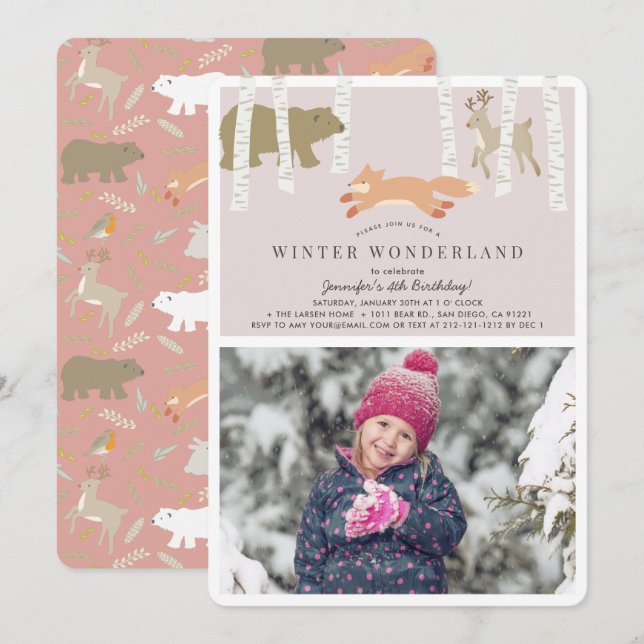 Convites Woodland Winter Wonderland Foto Rosa Birthday (Frente/Verso)