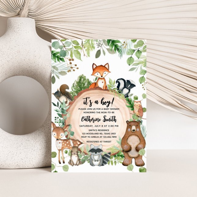 Convites Woodland Wood Slice Baby Shower (Woodland Animals Baby Shower Invitation)