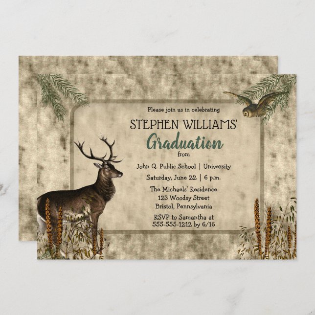 Convites Woodsy Rustic Deer | FESTA DE FORMATURA (Frente/Verso)