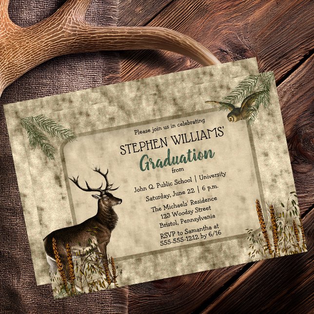 Convites Woodsy Rustic Deer | FESTA DE FORMATURA (Woodsy Rustic Deer and Owl Graduation Party Invitation -- Print | Digital Download)