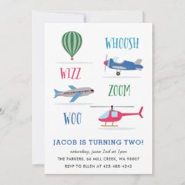Convites Woosh Vroom Woo Air Kid's festa de aniversário