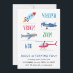 Convites Woosh Vroom Woo Space Rocket Kid<br><div class="desc">Um convite de aniversário de criança com um foguete,  avião,  helicóptero.</div>