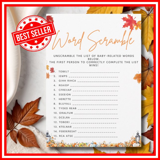 Convites WORD SCRAMBLE Chá de fraldas Game A Little Pumpkin (UNSCRAMBLE Baby Shower Game with Answers A Little Pumpkin is on the Way Invitation )