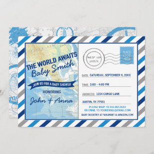 Convites World Awaits Baby Shower Invitation Blue Postcard