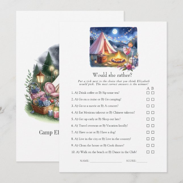 Convites Would She Rather Camp Bachelorette Weekend Game (Frente/Verso)