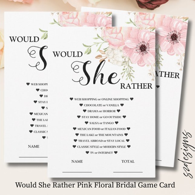 Convites Would She Rather Pink Floral Bridal Game  Card (Criador carregado)