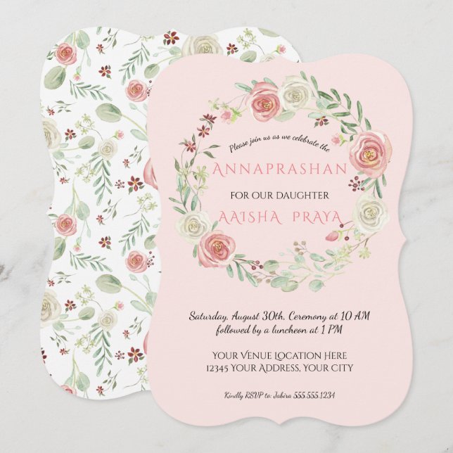 Convites Wreath Anaprashan Baby Girl Rosa (Frente/Verso)