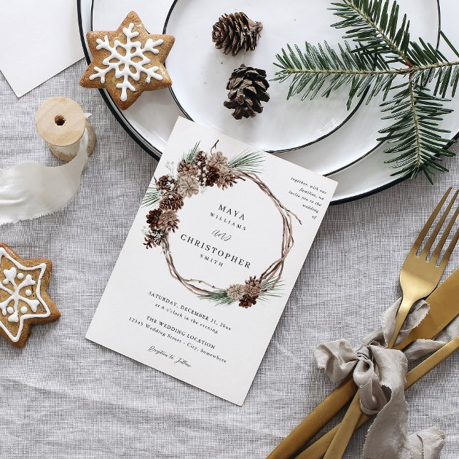 Convites Wreath de Casamento de Pinus e Floral Brancos de i (Criador carregado)