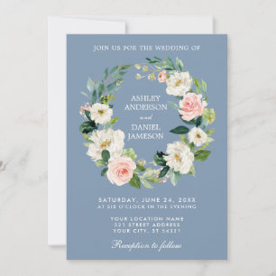 Convites Wreath Floral Cor-de-Água Casamento Azul Rosa