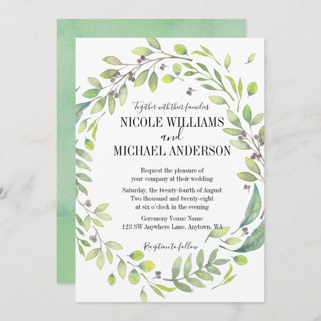 Convites WREATH Foliage WEDDING (Frente/Verso)