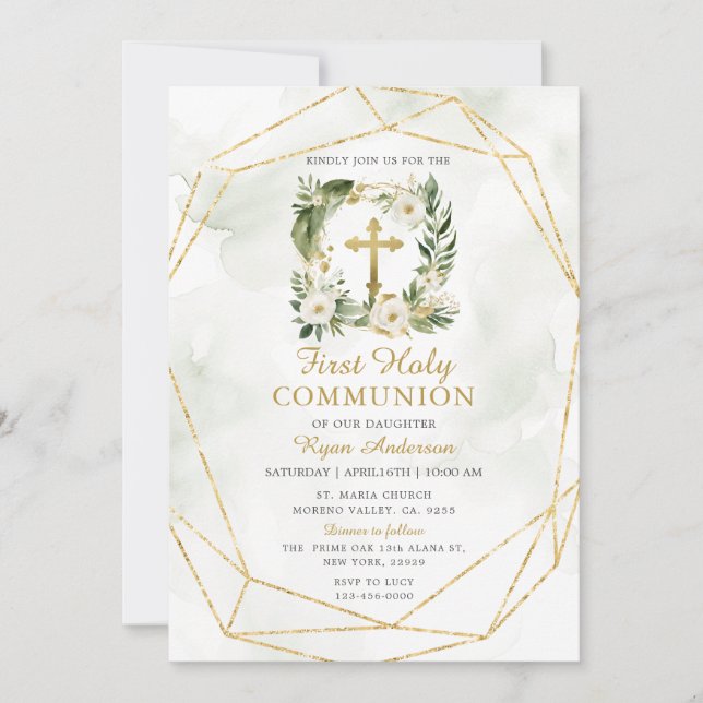 Convites Wreath Greenery White Roses Primeira Comunhão Sant (Frente)