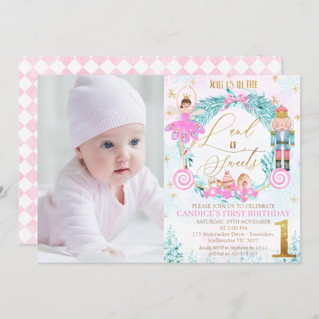 Convites Wreath Nutcracker Land of Sweets Foto Birthday (Frente/Verso)