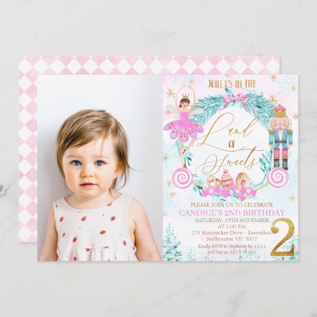Convites Wreath Nutcracker Land of Sweets segundo aniversár (Frente/Verso)