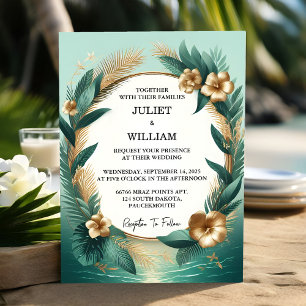 Convites Wreath Palm Tree Beach Green E Dourado Casamento