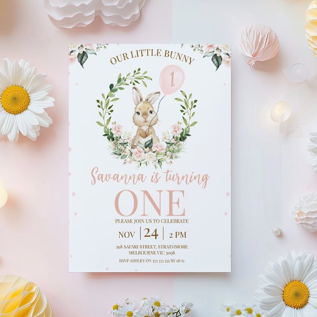 Convites Wreath Pink Coelho Floral primeiro aniversario (Bunny Themed 1st Birthday Invitation, Floral Some Bunny Birthday Invitation, Girls Bunny Invitation )