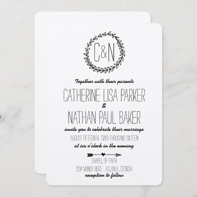 Convites Wreath Rustic Kraft Invitation (Frente/Verso)