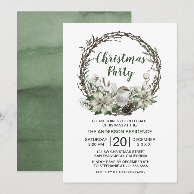 Convites Wreath Wreath Poinsettia e natal (Frente/Verso)