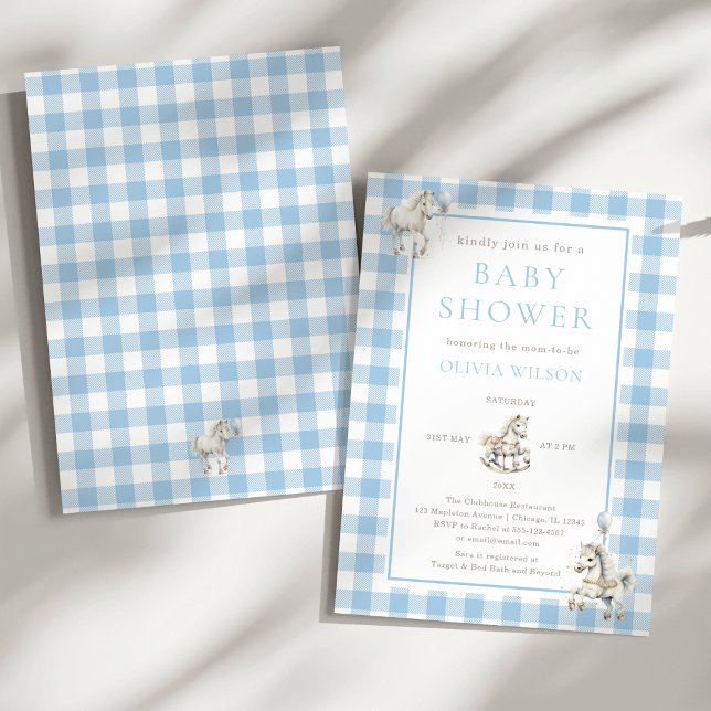 Convites Xadrez azul clássico, Chá de Bebê-Carneiro (Classic Baby Boy Blue Plaid Watercolor Rocking Horse Baby Shower Invitation)