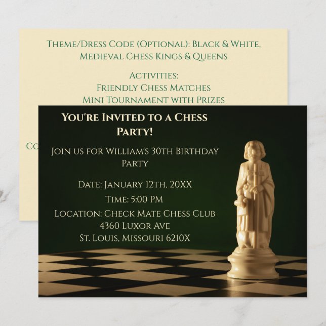 Convites Xadrez Bishop do Partido aniversário de 30 anos Ve (Frente/Verso)