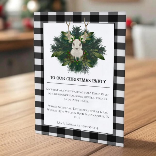 Convites Xadrez de Buffalo Reindet Festivo Natal (Buffalo Plaid Festive Reindeer Christmas Party Invitation)