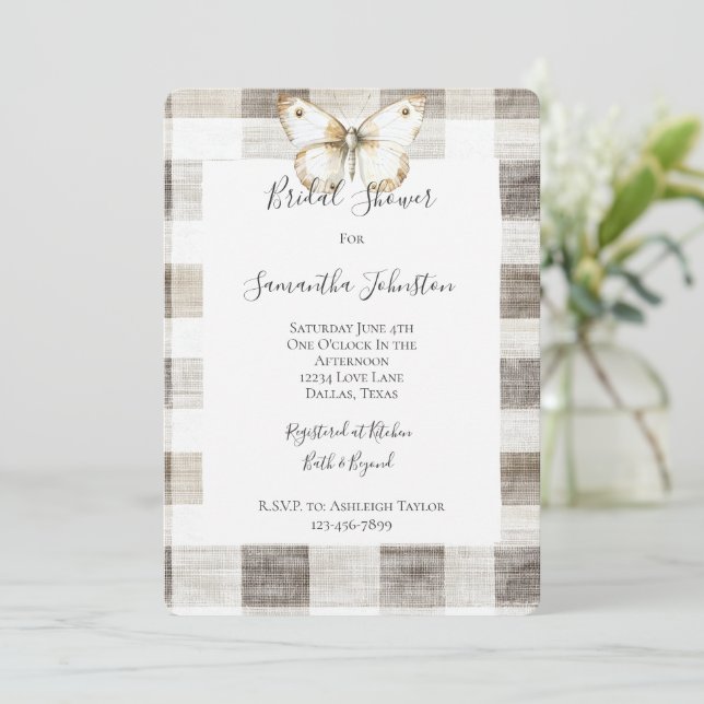Convites Xadrez de Creme Stripes Chá de panela de Borboleta (Em pé/Frente)