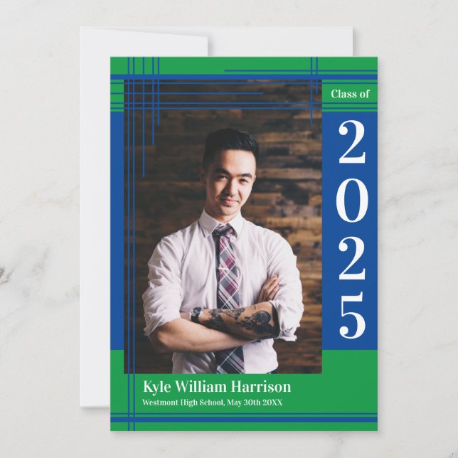 Convites Xadrez de Fotos de Graduação de Cor Verde Azul (Frente)