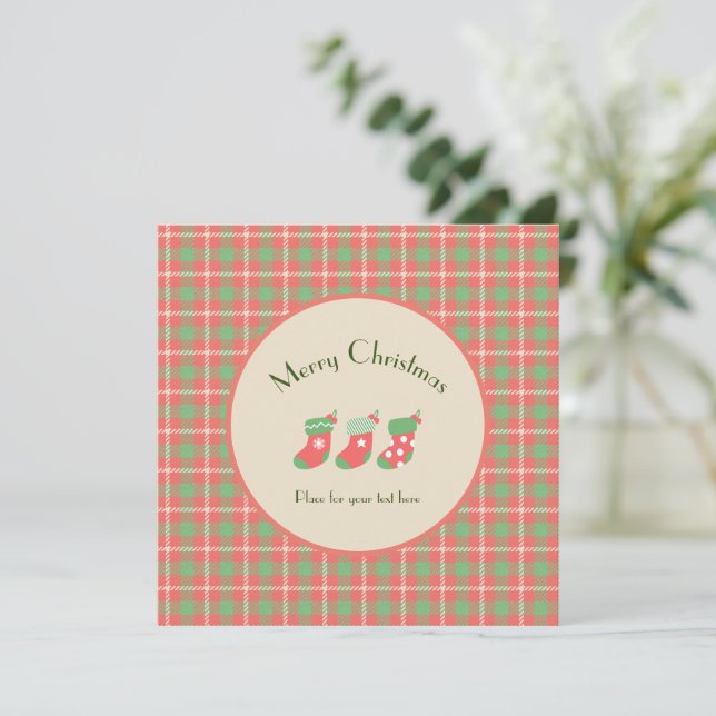 Convites Xadrez de natal à base de vermelho (Em pé/Frente)