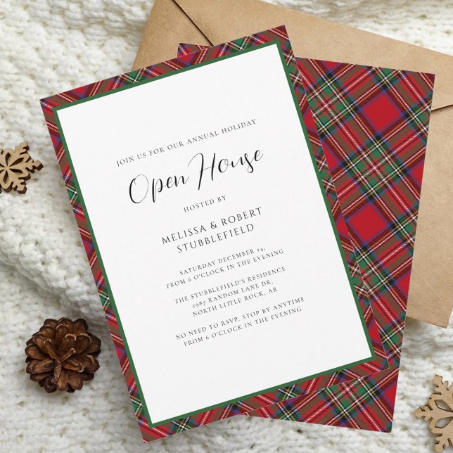 Convites Xadrez de Natal Open House Stewart Tartan Party (Rustic Plaid Christmas Open House Party Tartan Invitation)