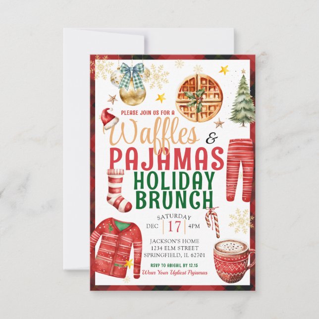 Convites Xadrez de Natal Waffle e Pajamas Holiday Brunch (Frente)