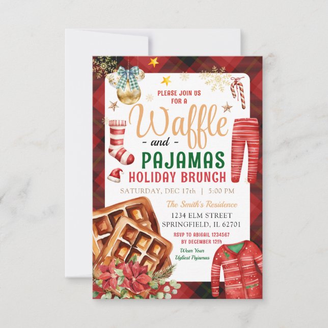 Convites Xadrez de Natal Waffle e Pajamas Holiday Brunch (Frente)