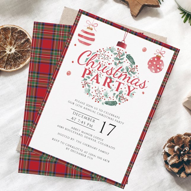 Convites Xadrez do Partido de Natal Elegante Stewart Tartan (Plaid Christmas Tartan Stewart Party Invitation)