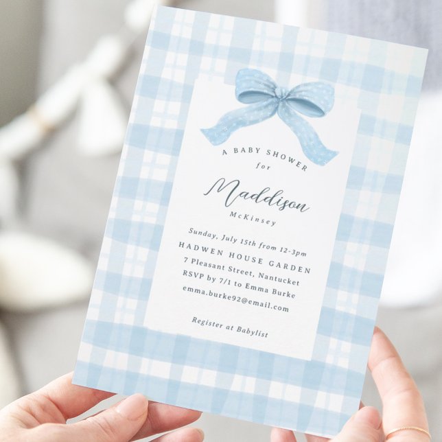 Convites Xadrez e Chá de fraldas de Arco azul (Darling Watercolor plaid with bow for Baby Boy Shower.)