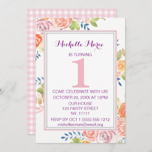 Convites Xadrez Floral Cor d'Água Rosa Primeiro Aniversário