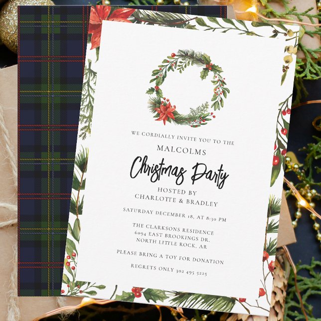 Convites Xadrez Floral Poinsettia Festa de Natal Tartan (Rustic Plaid Christmas Party Malcolm Tartan Invitation)