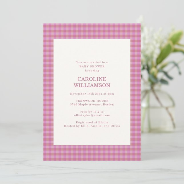 Convites Xadrez Gingham Rosa Malva Outono Chá de Bebê (Em pé/Frente)