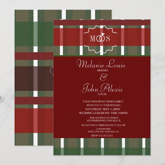 Convites Xadrez Natalino de Natal Burgundy Casamento  (Frente/Verso)