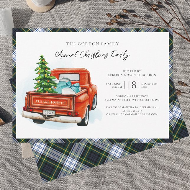 Convites Xadrez Red Truck Gordon Tartan Festa de Natal (Rustic Christmas Party Invitation with Red Truck Gordon Tartan)