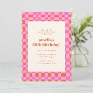 Convites Xadrez Retro Rosa Laranja 50º Quinquagésimo Aniver