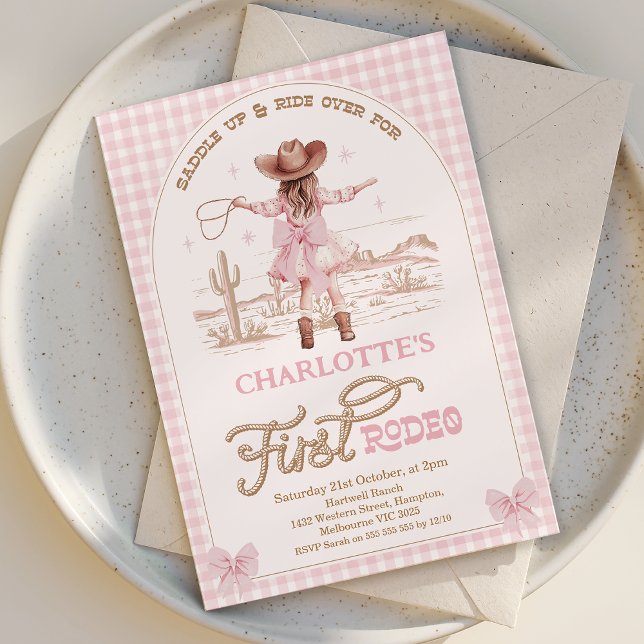 Convites Xadrez Rosa Arcos Meninas Primeiro primeiro aniver (First Rodeo Birthday Invitation Template, Cowgirl  1st Birthday Invite, Rodeo 1st Birthday Girl)