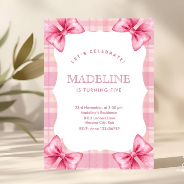 Convites Xadrez rosa-branca e Arco Coquette Girl Aniversári (Criador carregado)