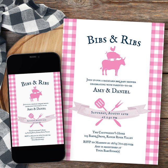Convites Xadrez Rosa churrasco Russo do Chá de fraldas (Bibs & Ribs girls backyard bbq baby shower invite from my rustic farmhouse BBQ collection
)