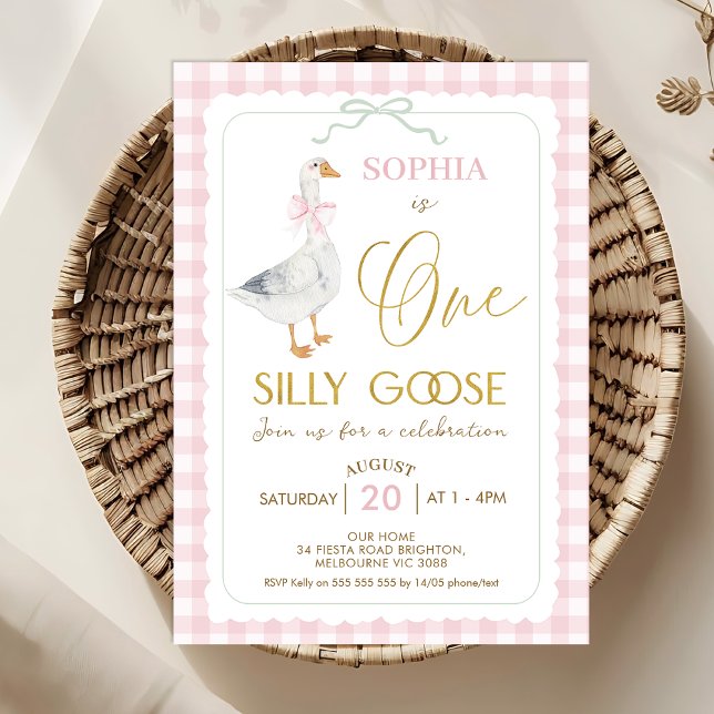 Convites Xadrez Rosa Quinta Um Bobo Gosta primeiro aniversa (Pink One Silly Goose 1st Birthday Invitation Template, Quaint Pink Plaid Goose First Birthday Invite)